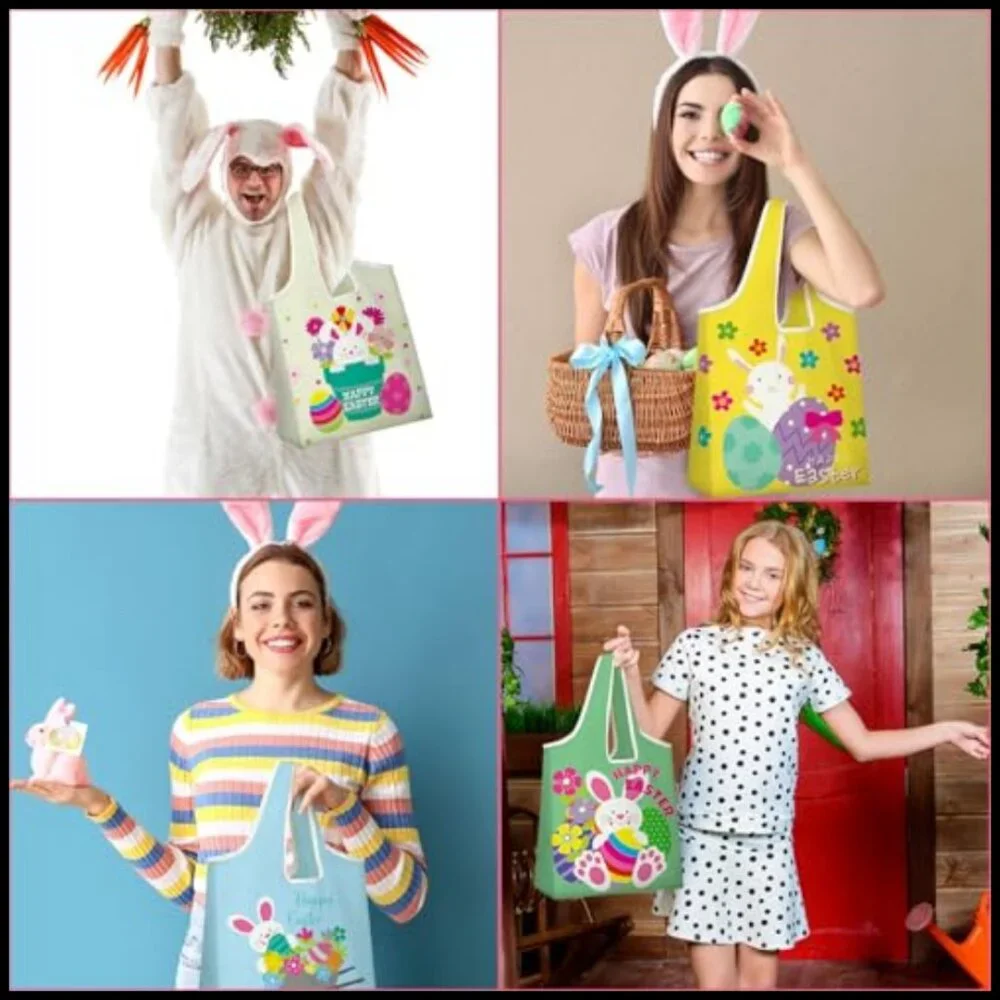 Easter Themed Reusable Tote Bags Polyester Foldable Washable Storage Pouch